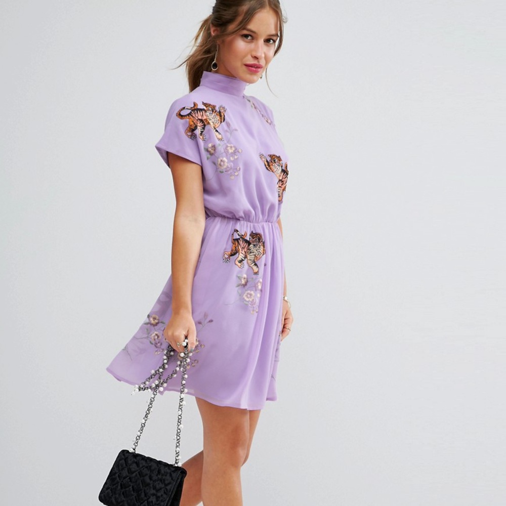 ASOS PETITE PREMIUM Open Back Tea Dress with Tiger Embroidery